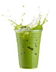 Iced matcha latte with milk splash in transparent to-go cup PNG
