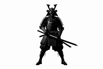 Fototapeta premium Samurai warrior, standing, white background, battle-ready, poster