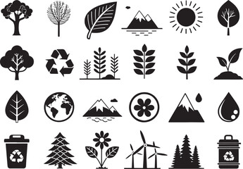 Silhouette Nature & Environment Icons Set on White Background  Eco, Green, Recycle, Minimal Design Vector Pack