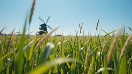 Serene landscape showcases wind energy in remote coastal area, with tall green grass swaying gently under clear blue sky
