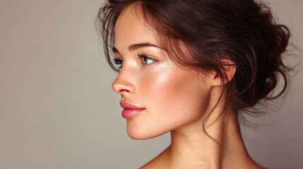 Fototapeta premium Profile of a beautiful young woman with freckles and a messy updo. Perfect for beauty, skincare, and healthy lifestyle promotion materials.