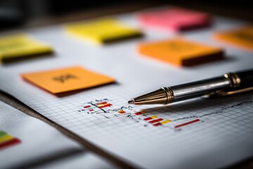 Close-up of a metallic pen resting on a graph paper with colorful sticky notes in a workspace