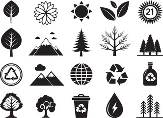 Silhouette Nature & Environment Icons Set on White Background  Eco, Green, Recycle, Minimal Design Vector Pack