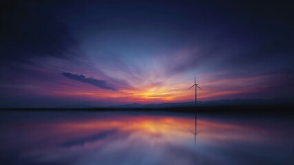Stunning sunset reflects on calm waters in remote coastal area, showcasing wind energy with wind turbine silhouetted against vibrant sky