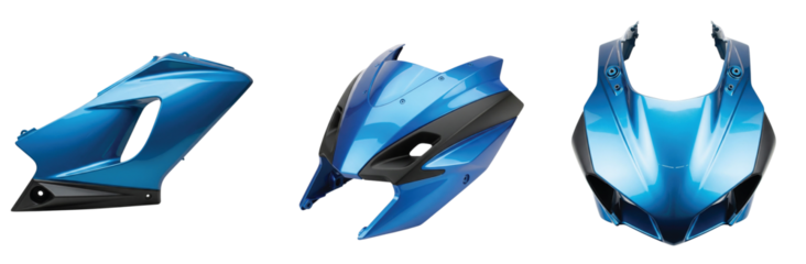 Dynamic Motorcycle Fairing Parts Showcase, Automotive Industry, Studio Setting, High-Quality Images
