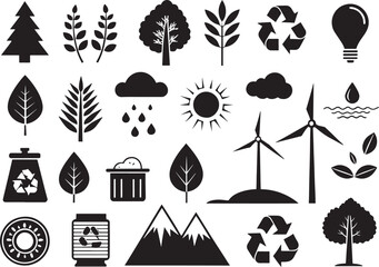 Silhouette Nature & Environment Icons Set on White Background  Eco, Green, Recycle, Minimal Design Vector Pack