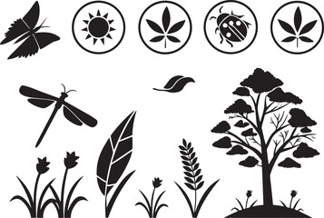 Silhouette Nature & Environment Icons Set on White Background  Eco, Green, Recycle, Minimal Design Vector Pack