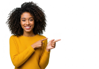 Smiling young woman pointing to the right isolated on transparent background
