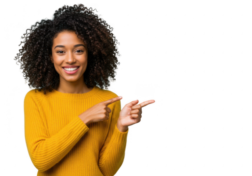 Smiling young woman pointing to the right isolated on transparent background