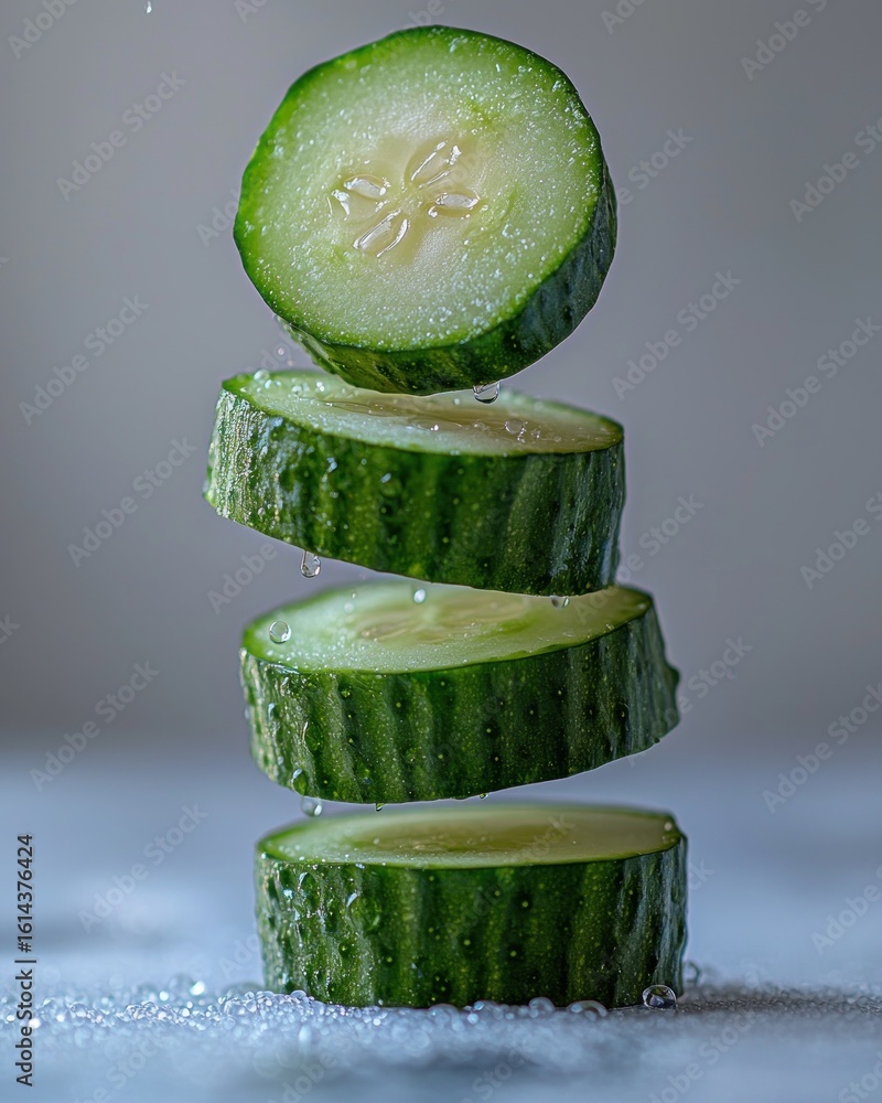 Poster stacked cucumber slices hover above a frosted surface, water droplets present