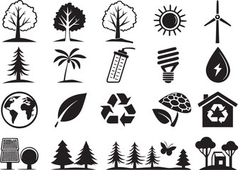 Silhouette Nature & Environment Icons Set on White Background  Eco, Green, Recycle, Minimal Design Vector Pack