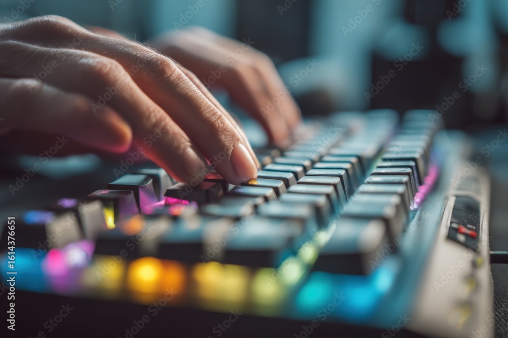 Aufkleber close-up of hands typing on a colorful backlit keyboard in a modern workspace with blurred backgroun