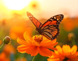 Butterfly on a vibrant orange cosmos flower at sunset