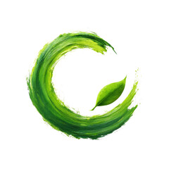 Green Circular Brush Stroke Featuring Leaf Symbolizing Nature, Growth, Sustainability, and Environmental Awareness