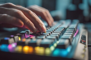 Fototapeta premium Close-up of hands typing on a colorful backlit keyboard in a modern workspace with blurred background