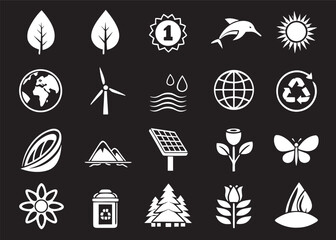 Silhouette Nature & Environment Icons Set on White Background  Eco, Green, Recycle, Minimal Design Vector Pack