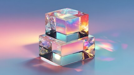 Stacked, transparent, geometric cubes reflect colorful, soft light rays