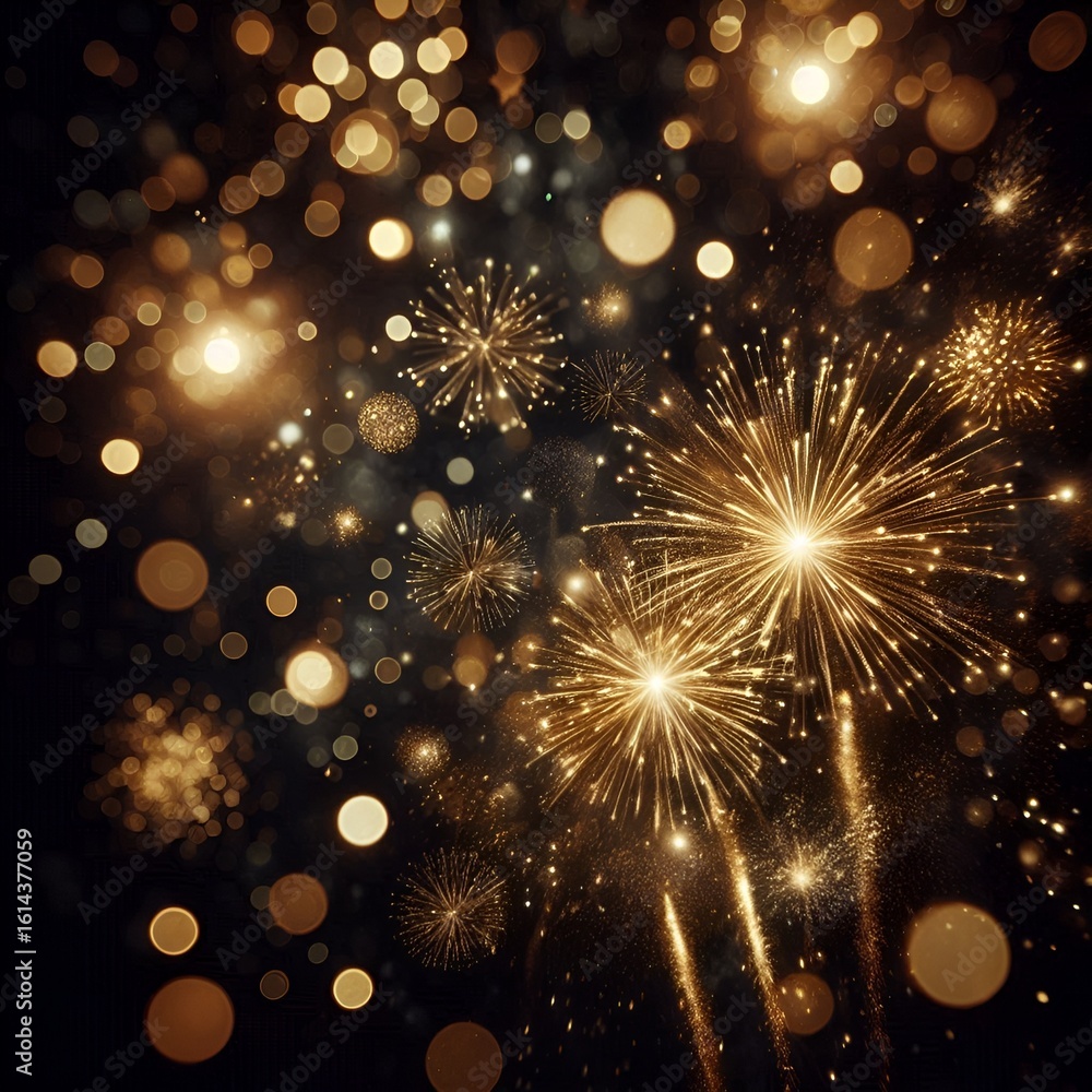 Poster spectacular display of golden fireworks exploding in the night sky creating a magical atmosphere.