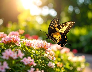Butterfly on flowers in sunlight