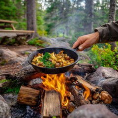 campfire cooking scene with hands holding cast-iron pan with wild mushrooms over the fire with wood logs, forest surroundings out of focus