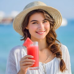 woman in a straw hat holding a tall glass of fresh watermelon lemonade, juice, sea in the background