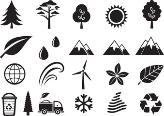 Silhouette Nature & Environment Icons Set on White Background  Eco, Green, Recycle, Minimal Design Vector Pack