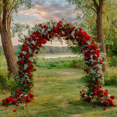 wedding arch made of red roses, on a green meadow, at sunset, no people, lake in the background