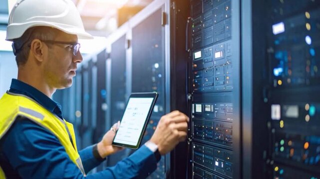 A network engineer troubleshoots servers in a dark, high-tech data center, surrounded by glowing LEDs and blinking indicators; cinematic lighting and dramatic shadows highlight the intense atmosphere