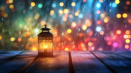 Lantern illuminates a wooden table with a background of vibrant bokeh lights