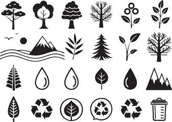 Silhouette Nature & Environment Icons Set on White Background  Eco, Green, Recycle, Minimal Design Vector Pack