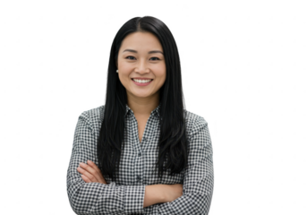 Smiling asian woman with arms crossed isolated on transparent background