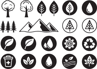 Silhouette Nature & Environment Icons Set on White Background  Eco, Green, Recycle, Minimal Design Vector Pack
