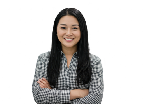 Smiling asian woman with arms crossed isolated on transparent background