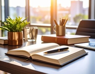 Work desk with books, pens, and accessories. Side view.