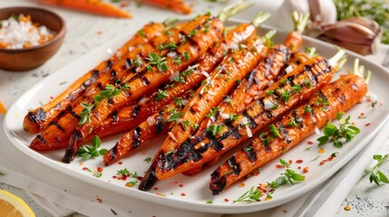 A plate of grilled carrot sticks drizzled with a tangy citrus glaze for a burst of flavor.