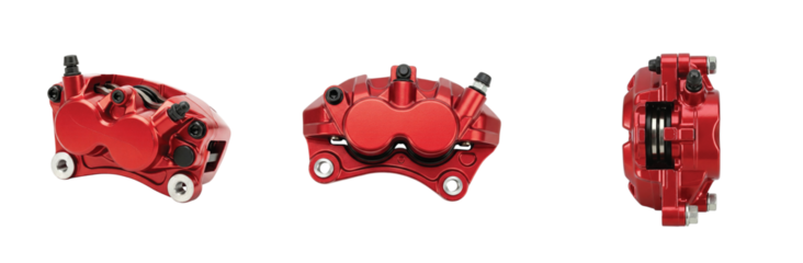 Red Brake Calipers in Studio Setting, Industrial Vibe, 3D View, Detailed Analysis