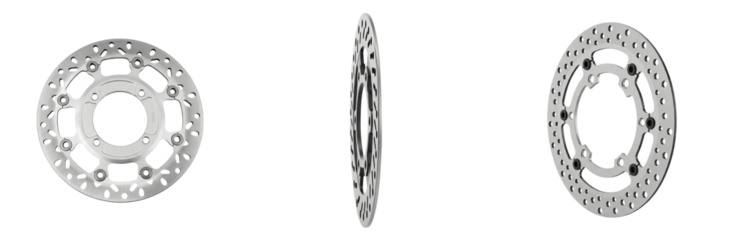 Motorcycle brake disc rotor component shown from multiple angles. Isolated metallic part for vehicle braking system on white background.