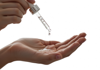 Hand receiving liquid from a dropper isolated on transparent background