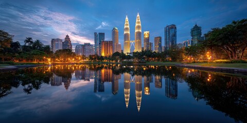 Fototapeta premium Petronas Towers Reflection: Kuala Lumpur Skyline at Dusk