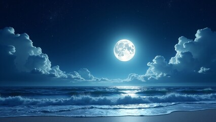 Full Moon Over Ocean Waves at Night