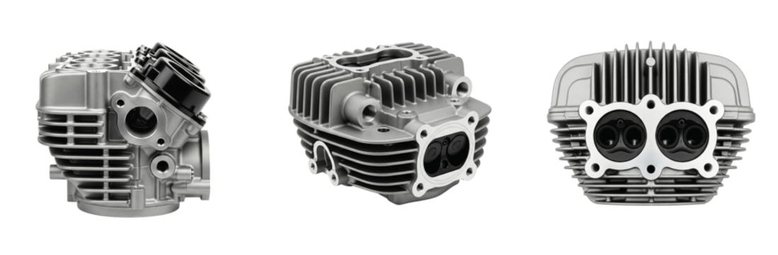 High-Performance Cylinder Heads Displayed in Industrial Workshop Environment