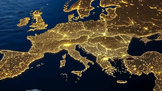 Europe at night city lights viewed from space cinematic aerial animation