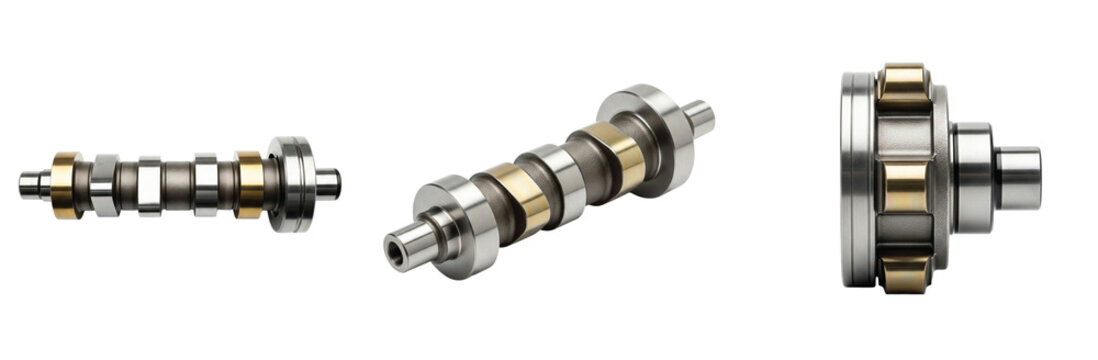 A collection of high-performance automotive camshafts from multiple angles. A crucial engine component for valve timing, isolated on a white background.