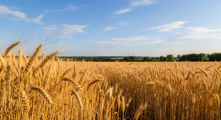 Obraz premium A golden wheat field under a blue sky, with a beautiful landscape. It is ready to be harvested