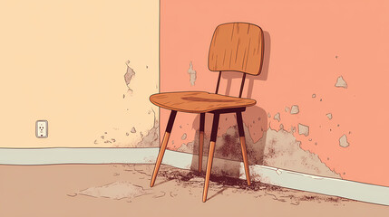 Chair near sealed wall with chipped leg visible