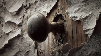 Broken doorknob dangling from splintered wood
