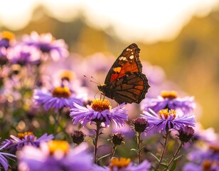 Butterfly on purple flowers at sunset