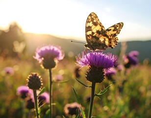 Butterfly on thistle at sunset
