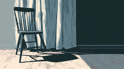 Chair turned inward beside closed curtain