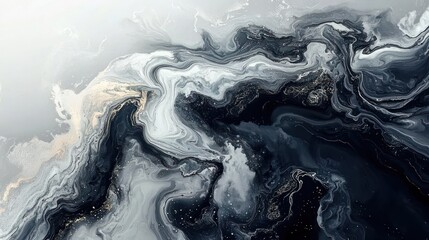 Swirling abstract art black, gray, white, and gold marbling effect